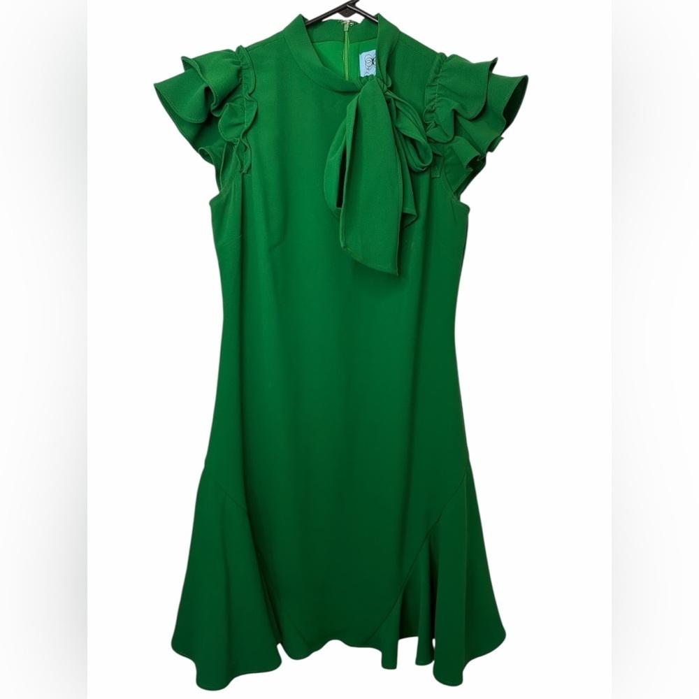 Cece Bow Neck Short Sleeve Mini Dress Green Crepe